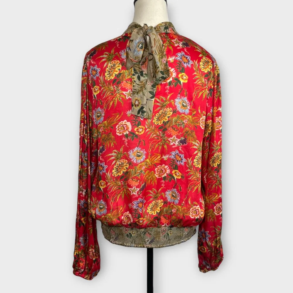 Nikasha Top MEDIUM Red Floral Mock Neck Puff Sleeve Smocked Waist Neck Tie EUC - Picture 2 of 10